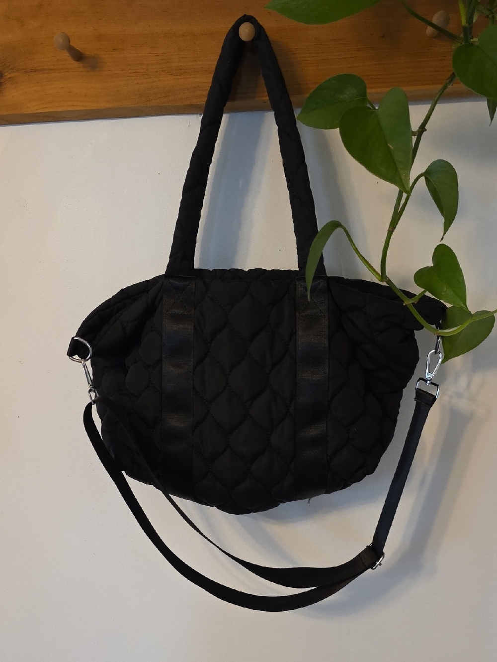 Black Quilted Tote Bag with Detachable Strap